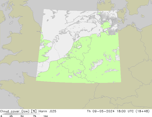 Cloud cover (low) Harm .025 Th 09.05.2024 18 UTC