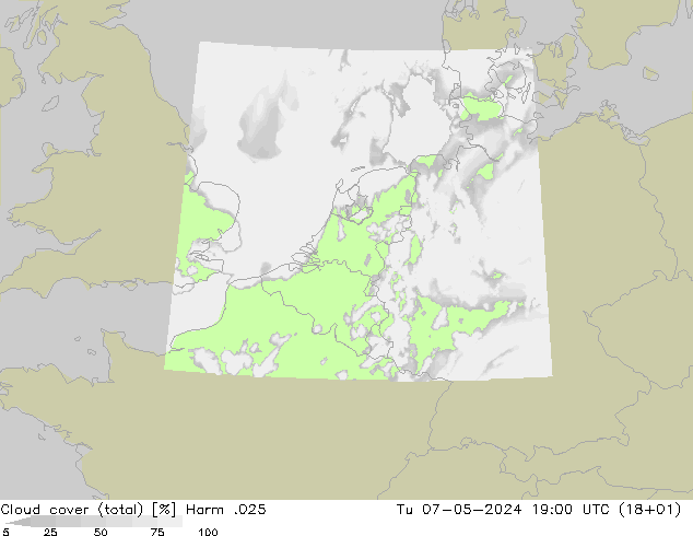 Cloud cover (total) Harm .025 Tu 07.05.2024 19 UTC