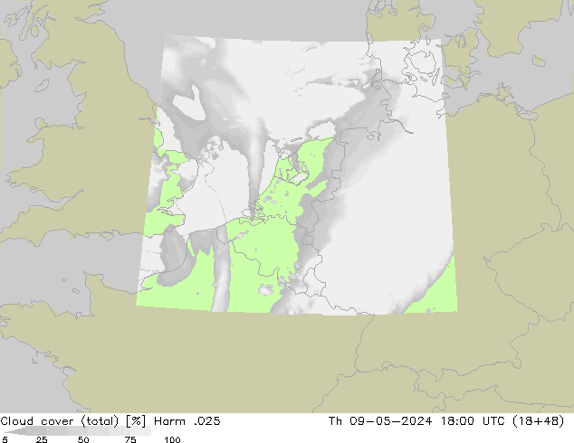 Cloud cover (total) Harm .025 Th 09.05.2024 18 UTC