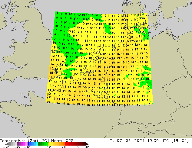 Temperatuurkaart (2m) Harm .025 di 07.05.2024 19 UTC