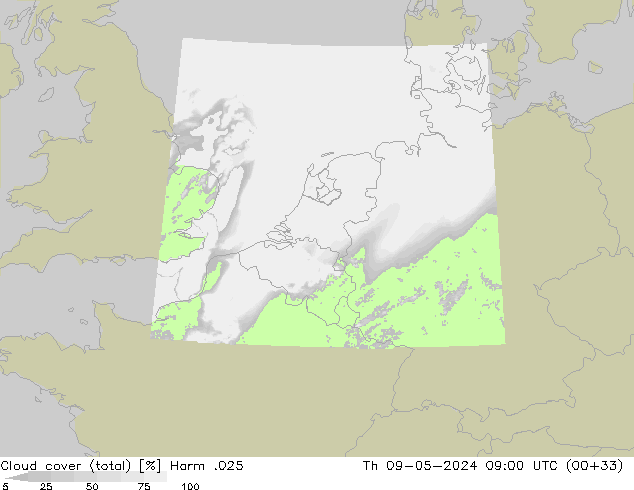 Cloud cover (total) Harm .025 Th 09.05.2024 09 UTC