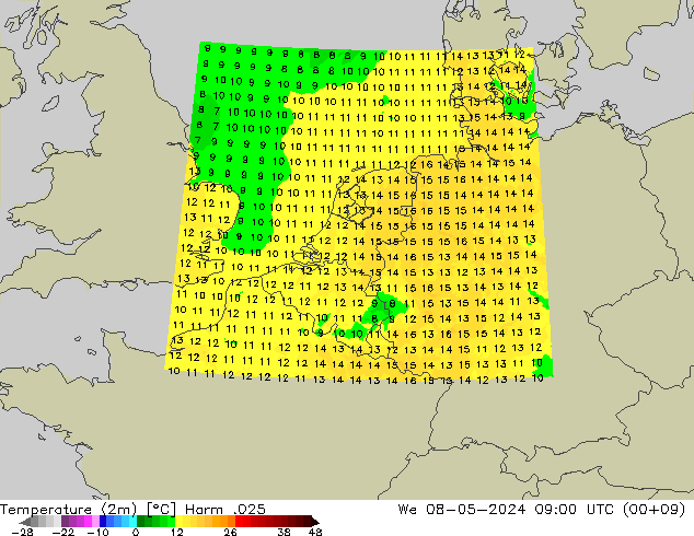 Temperatura (2m) Harm .025 mer 08.05.2024 09 UTC