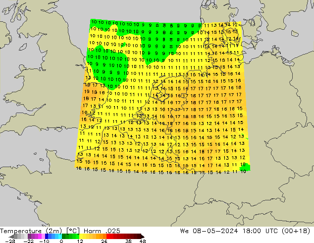 Sıcaklık Haritası (2m) Harm .025 Çar 08.05.2024 18 UTC