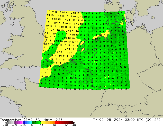 Temperatuurkaart (2m) Harm .025 do 09.05.2024 03 UTC