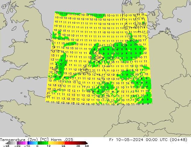 Temperatuurkaart (2m) Harm .025 vr 10.05.2024 00 UTC