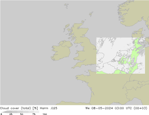 Cloud cover (total) Harm .025 We 08.05.2024 03 UTC