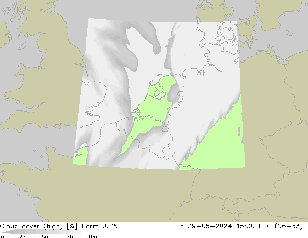 Cloud cover (high) Harm .025 Th 09.05.2024 15 UTC