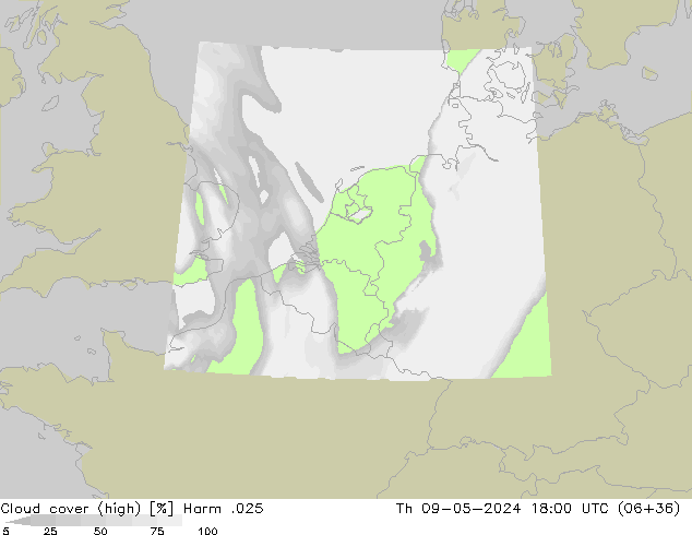 Cloud cover (high) Harm .025 Th 09.05.2024 18 UTC