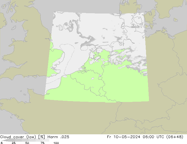 Cloud cover (low) Harm .025 Fr 10.05.2024 06 UTC