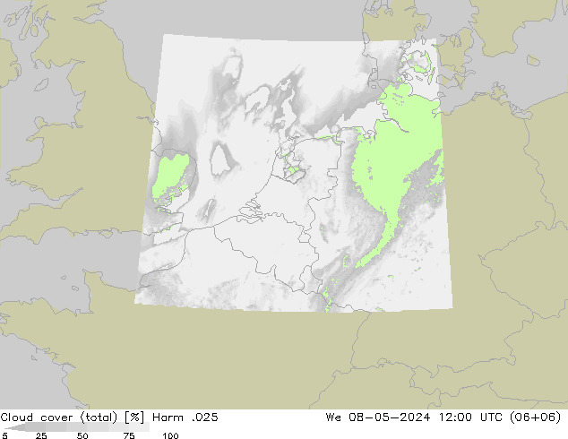 Cloud cover (total) Harm .025 We 08.05.2024 12 UTC