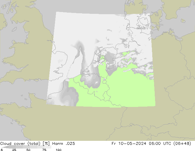 Cloud cover (total) Harm .025 Fr 10.05.2024 06 UTC