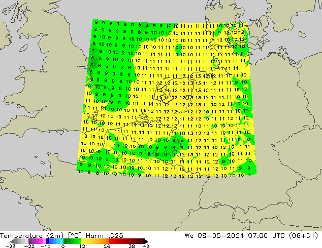 Temperatuurkaart (2m) Harm .025 wo 08.05.2024 07 UTC