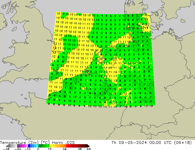 mapa temperatury (2m) Harm .025 czw. 09.05.2024 00 UTC