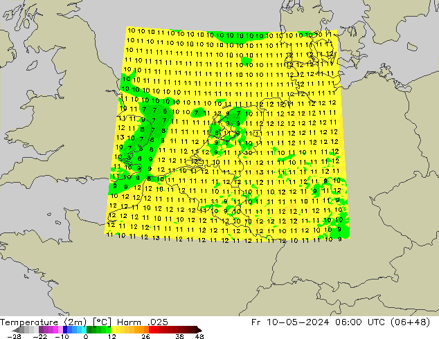 Temperatuurkaart (2m) Harm .025 vr 10.05.2024 06 UTC