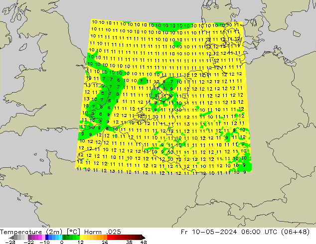 Temperatura (2m) Harm .025 vie 10.05.2024 06 UTC