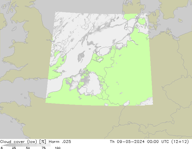 Cloud cover (low) Harm .025 Th 09.05.2024 00 UTC