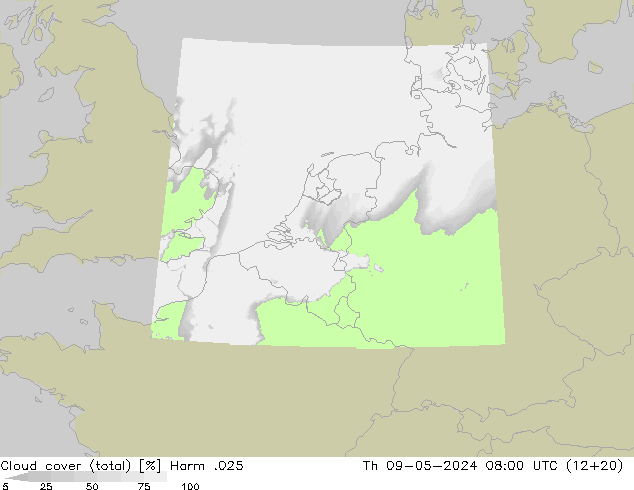 Cloud cover (total) Harm .025 Th 09.05.2024 08 UTC