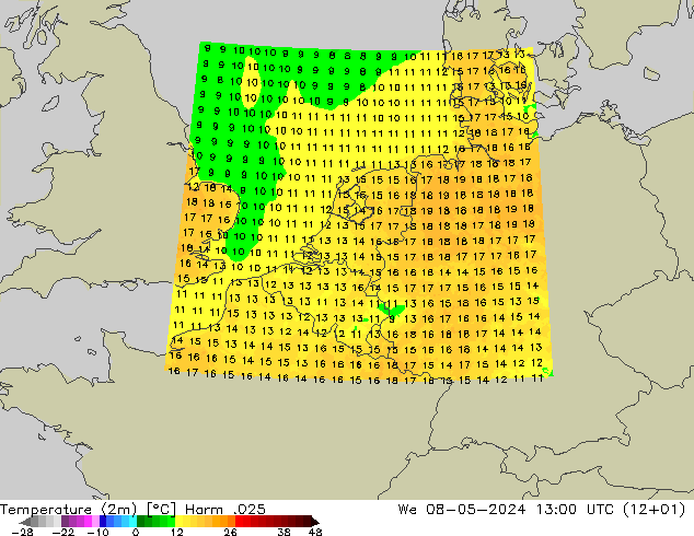 Temperaturkarte (2m) Harm .025 Mi 08.05.2024 13 UTC