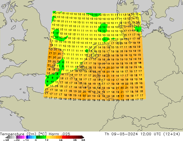 Temperaturkarte (2m) Harm .025 Do 09.05.2024 12 UTC