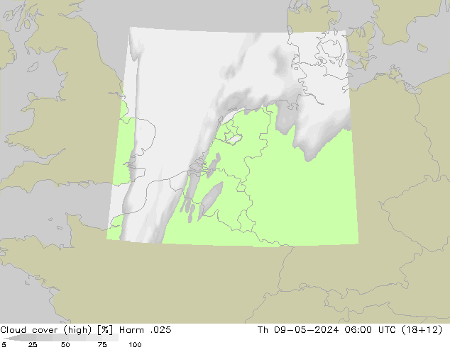 Cloud cover (high) Harm .025 Th 09.05.2024 06 UTC