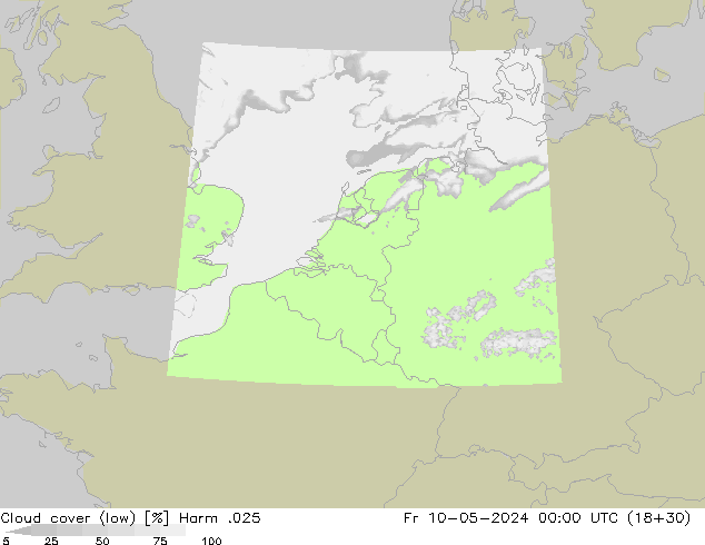 Cloud cover (low) Harm .025 Fr 10.05.2024 00 UTC