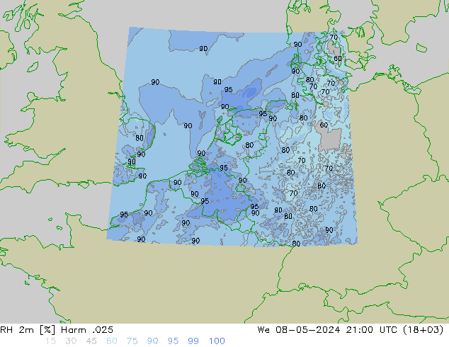Humidité rel. 2m Harm .025 mer 08.05.2024 21 UTC