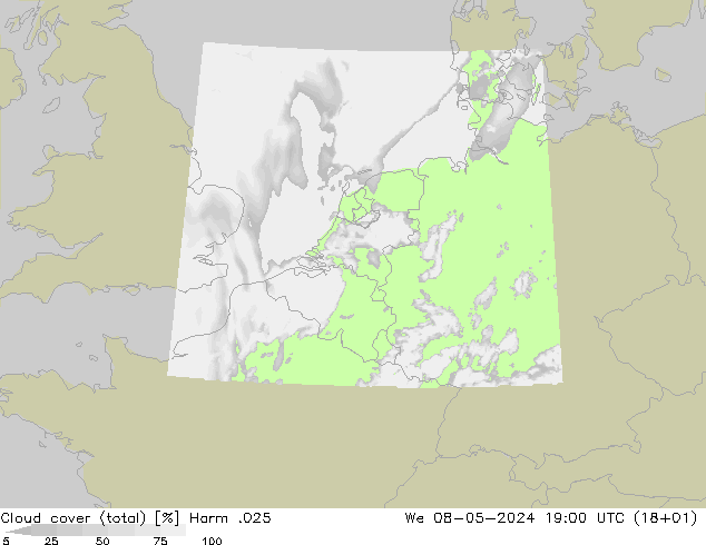 Cloud cover (total) Harm .025 We 08.05.2024 19 UTC