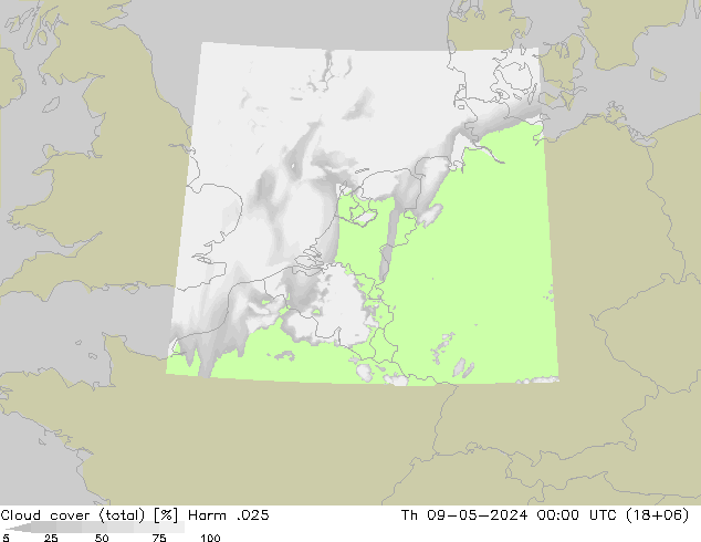 Cloud cover (total) Harm .025 Th 09.05.2024 00 UTC