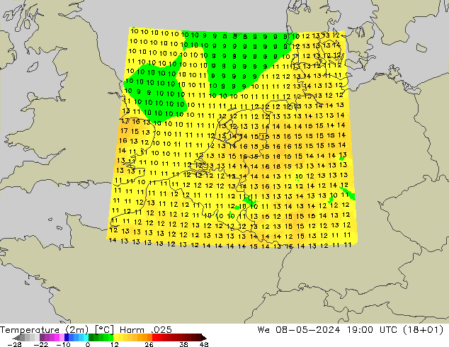 Temperaturkarte (2m) Harm .025 Mi 08.05.2024 19 UTC