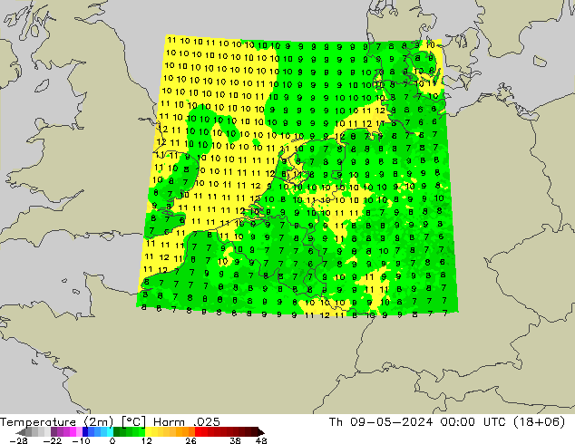 Temperaturkarte (2m) Harm .025 Do 09.05.2024 00 UTC