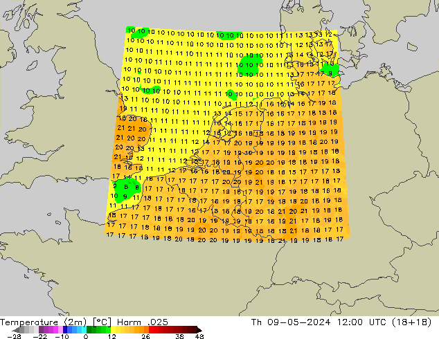Temperaturkarte (2m) Harm .025 Do 09.05.2024 12 UTC