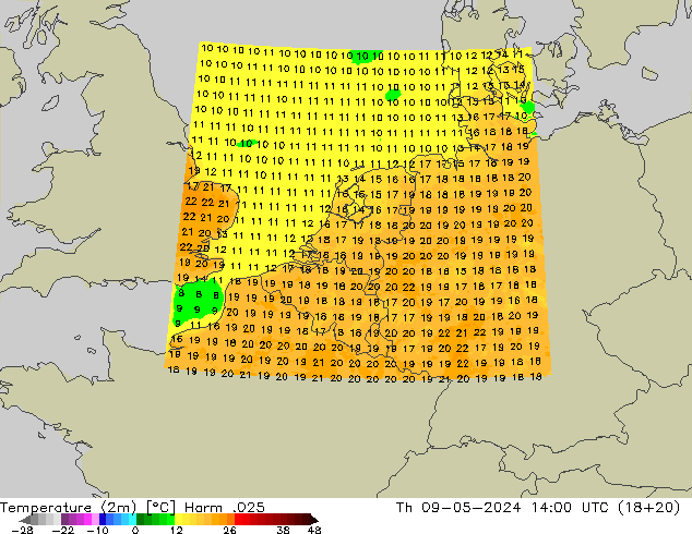 Temperaturkarte (2m) Harm .025 Do 09.05.2024 14 UTC