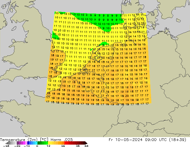 mapa temperatury (2m) Harm .025 pt. 10.05.2024 09 UTC