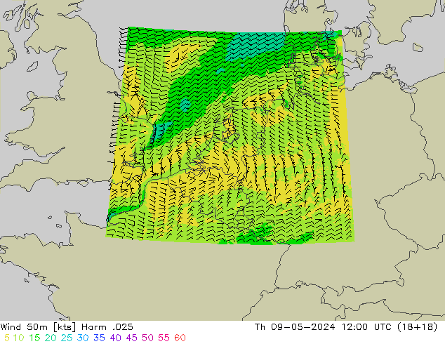 Wind 50m Harm .025 Th 09.05.2024 12 UTC