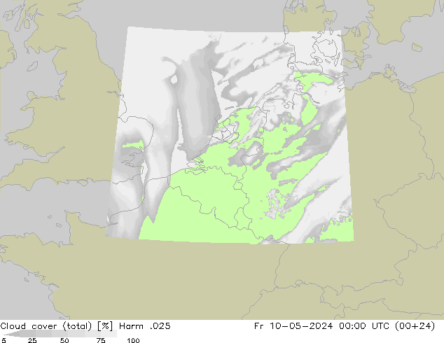 Cloud cover (total) Harm .025 Fr 10.05.2024 00 UTC