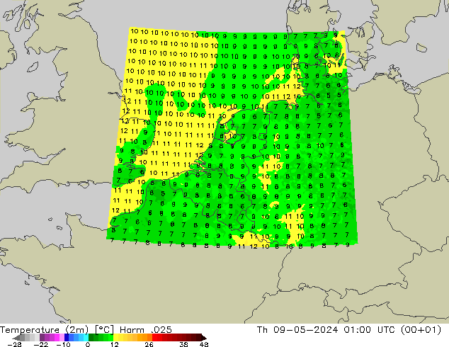 Temperaturkarte (2m) Harm .025 Do 09.05.2024 01 UTC