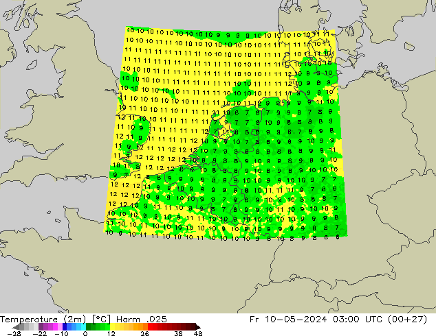 Temperaturkarte (2m) Harm .025 Fr 10.05.2024 03 UTC