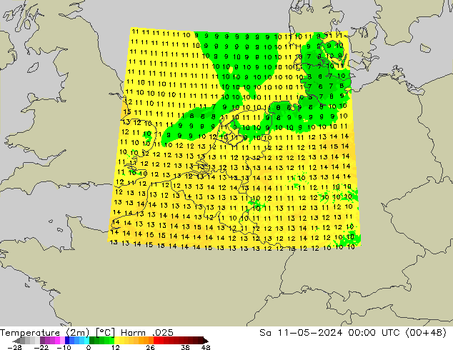 mapa temperatury (2m) Harm .025 so. 11.05.2024 00 UTC