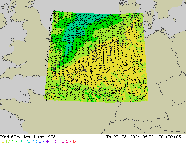 Wind 50m Harm .025 Th 09.05.2024 06 UTC