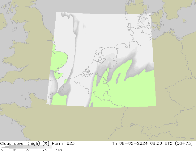 Cloud cover (high) Harm .025 Th 09.05.2024 09 UTC