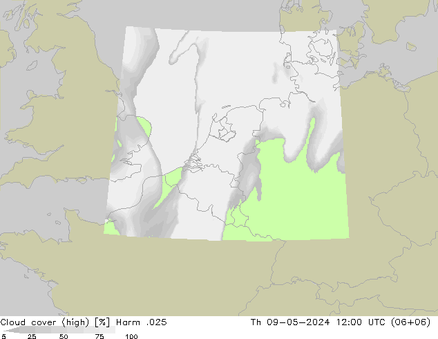 Cloud cover (high) Harm .025 Th 09.05.2024 12 UTC