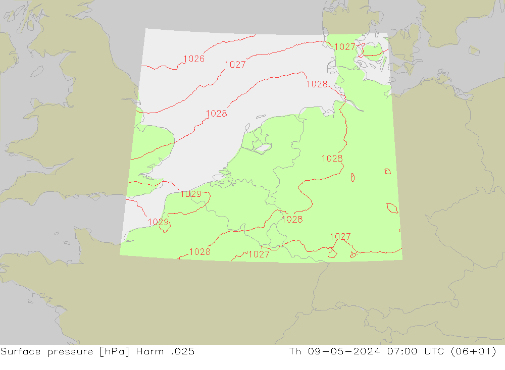 地面气压 Harm .025 星期四 09.05.2024 07 UTC