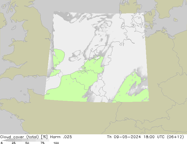 Cloud cover (total) Harm .025 Th 09.05.2024 18 UTC