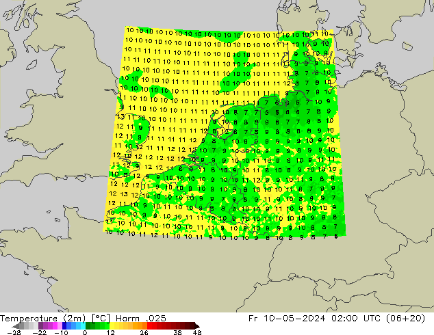 Temperaturkarte (2m) Harm .025 Fr 10.05.2024 02 UTC