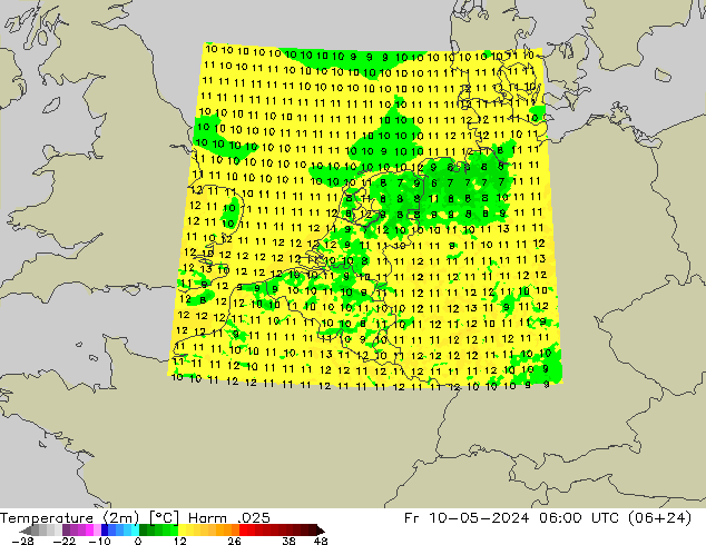 Temperaturkarte (2m) Harm .025 Fr 10.05.2024 06 UTC