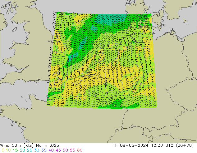 Wind 50m Harm .025 Th 09.05.2024 12 UTC