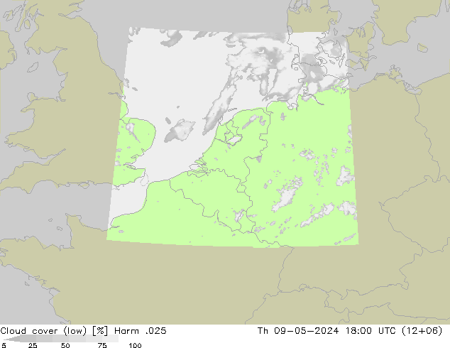 Cloud cover (low) Harm .025 Th 09.05.2024 18 UTC