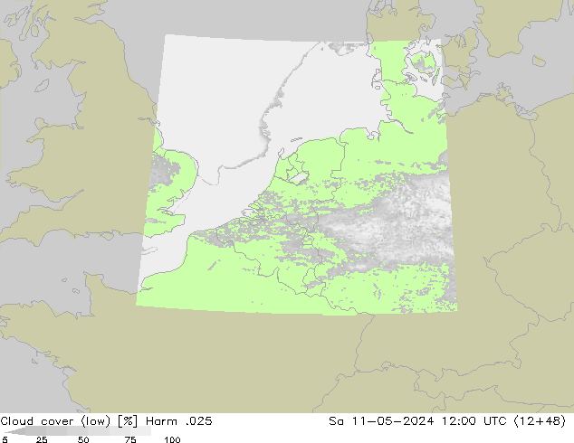 Cloud cover (low) Harm .025 Sa 11.05.2024 12 UTC