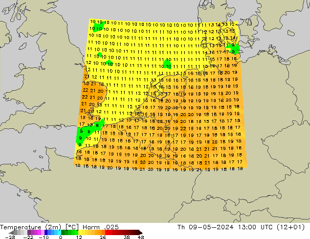 Temperatuurkaart (2m) Harm .025 do 09.05.2024 13 UTC