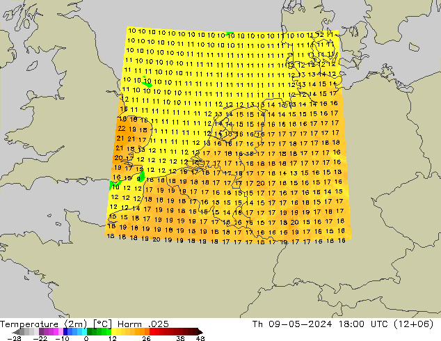 Temperaturkarte (2m) Harm .025 Do 09.05.2024 18 UTC